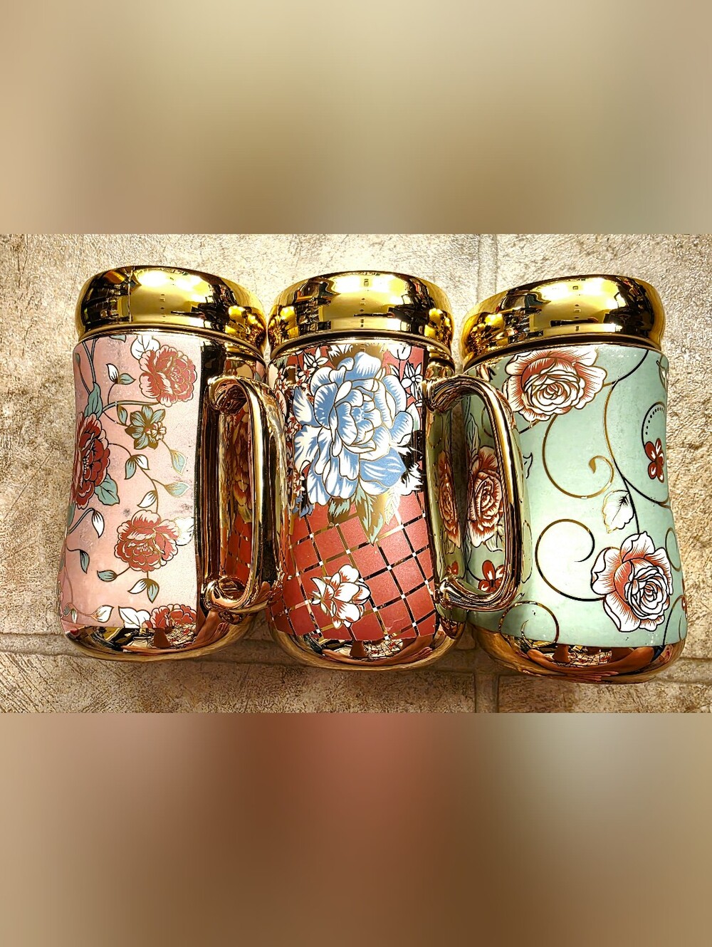 Gold-Accent Floral Travel Mugs Bundle Of 3